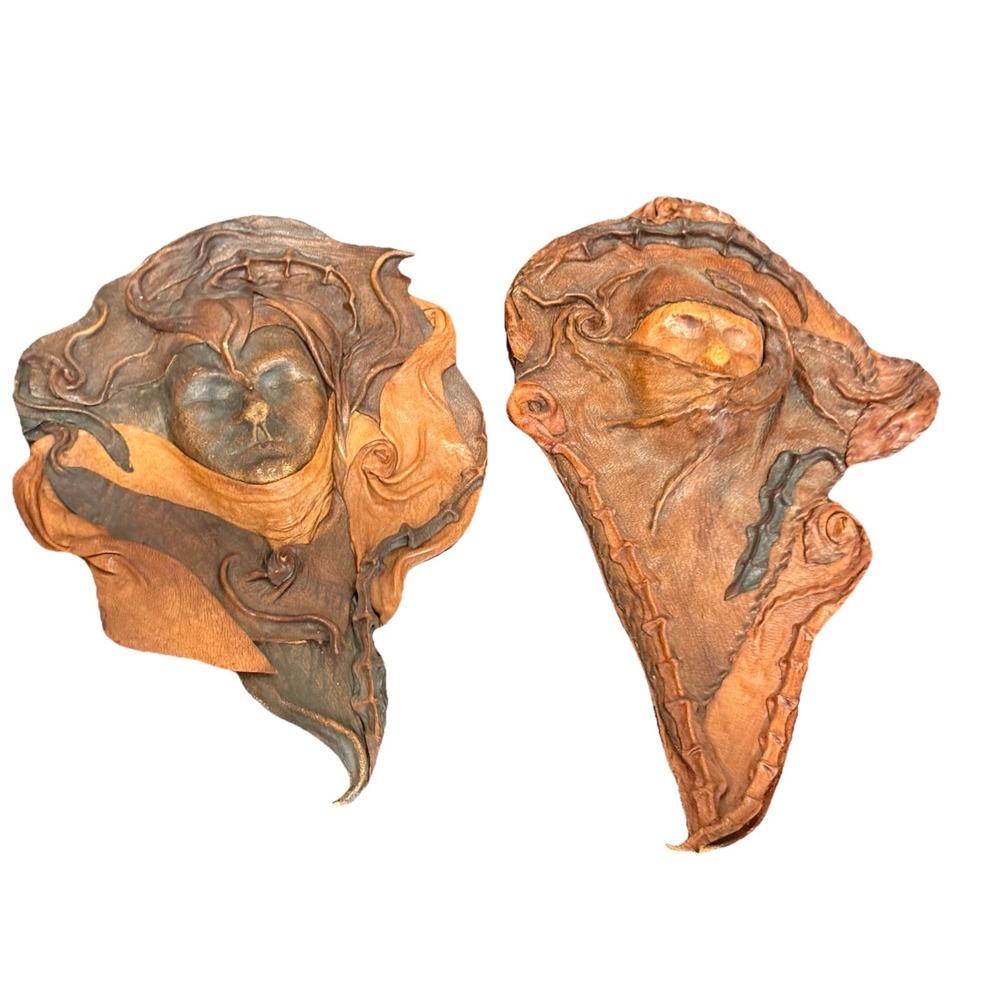 Lot Of 2 VTG Leather Face Mask Wall Art Male &Female Wall Mount Decor Spain